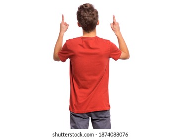 Handsome Teen Boy With His Back Turned To Camera, Pointing To Something, Isolated On White Background