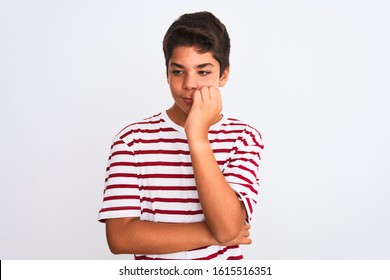 Handsome Teenager Boy Standing Over White Isolated Background Looking Stressed And Nervous With Hands On Mouth Biting Nails. Anxiety Problem.