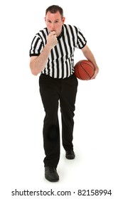 Handsome Thirties Basketball Referee Blowing Whistle Holding Basketball.