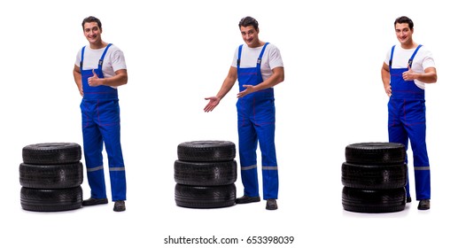 Handsome Tyre Repairman Isolated On White