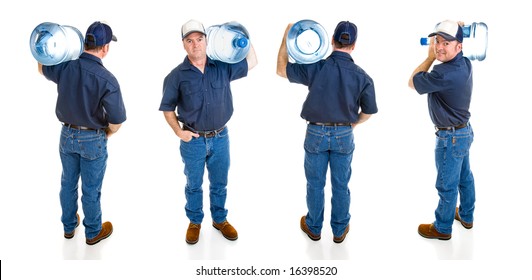 Handsome Water Delivery Man Carrying Five Gallon Jug Of Water Over His Shoulder.  Four Full Body Views Isolated On White.