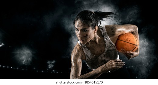 Handsome woman rugby player holds ball. Sports banner. Horizontal copy space background - Powered by Shutterstock