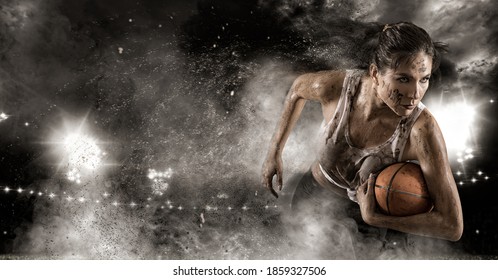 Handsome woman rugby player holds ball. Sports banner. Horizontal copy space background - Powered by Shutterstock