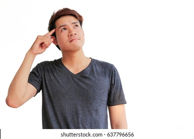 Handsome Young Asian Man Thinking On Something, Isolated On White Background