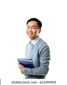 Handsome young Asian teacher on white background