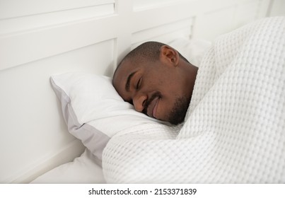 Handsome young black man sleeping well alone on orthopaedic soft pillow under warm duvet, African American guy lying asleep in comfortable cozy bed enjoy good peaceful healthy sleep
