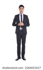 Handsome young business man
					wear suit ,white shirt with tie ,,Businessman portrait Isolated on white background
					
