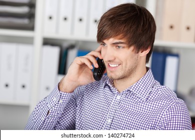 Handsome Young Businessman Using Cordless Phone In Office