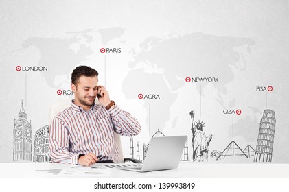 Handsome young businessman with world map and major landmarks of the world