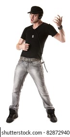 Handsome Young Caucasian Man Plays Air Guitar Over White Background