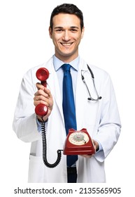 Handsome Young Doctor Portrait Holfing A Red Old Fashioned Phone