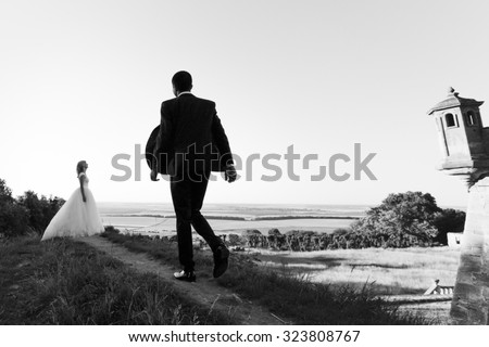 Handsome young groom walking to beautiful stylish bride in the field with sky background b&w