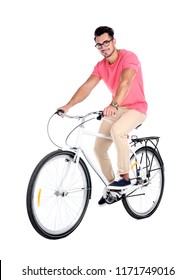 Handsome Young Hipster Man Riding Bicycle On White Background