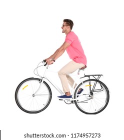 Handsome Young Hipster Man Riding Bicycle On White Background