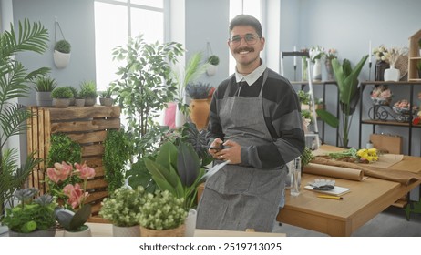 A handsome young hispanic man with a moustache smiles while holding a mobile phone in a lush indoor flower shop. - Powered by Shutterstock