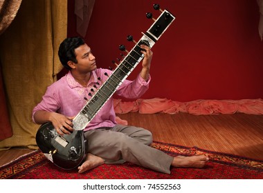 Handsome young Indian man plays a Sitar