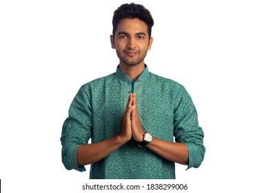 Handsome Young Indian Man Showing Namaste, Isolated on White Background