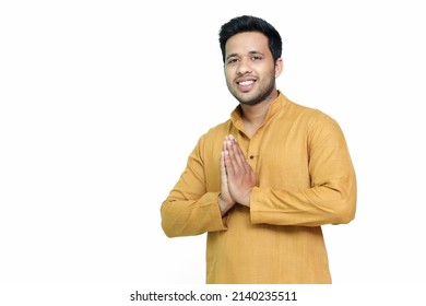 Handsome Young Indian Man Showing Namaste, Isolated on White Background.