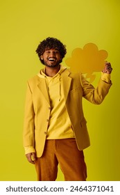 Handsome young Indian man in vibrant yellow jacket and brown pants posing against vivid backdrop.