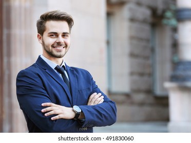 Handsome Young Lawyer  At Office Building