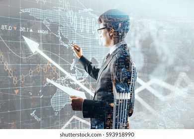 Handsome young male with document in hand drawing upward arrow on forex chart. Finance concept. Double exposure