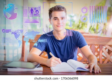 Handsome Young Man Busy With Textbook In Sidewalk Cafe. College Student Working With Textbook, Looking At Camera Through Face Detection Infographics. Homework Concept