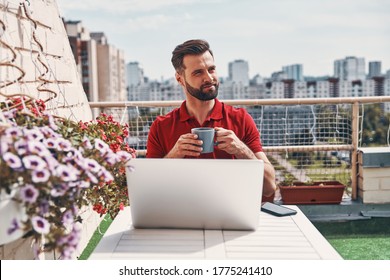 Handsome young man in casual clothing using laptop and smiling while sitting on the rooftop patio  - Powered by Shutterstock