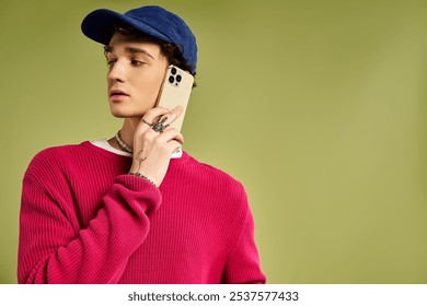 A handsome young man confidently poses with a smartphone, showcasing a trendy pink sweater and stylish accessories. - Powered by Shutterstock