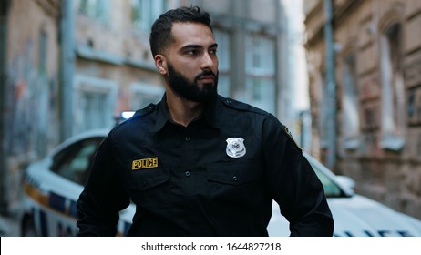 Handsome Young Man Cops Stand Near Patrol Car Look At Camera Around Enforcement Happy Officer Police Uniform Auto Safety Security Communication Control Policeman Portrait Close Up Slow Motion