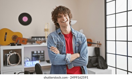 Handsome young man with curly hair standing arms crossed in a music studio full of instruments - Powered by Shutterstock