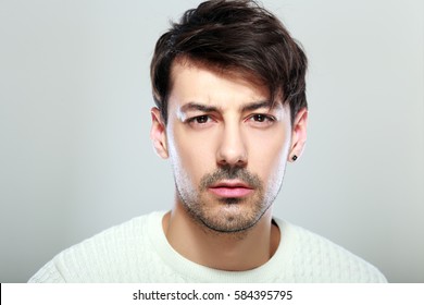 Handsome Young Man Face Close Up Portrait Look Serious