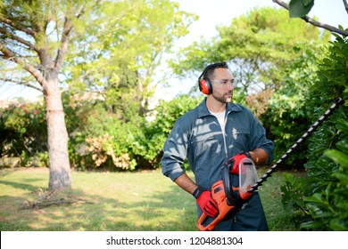 handsome young man gardener trimming hedgerow in a garden park outdoor - Shutterstock ID 1204881304
