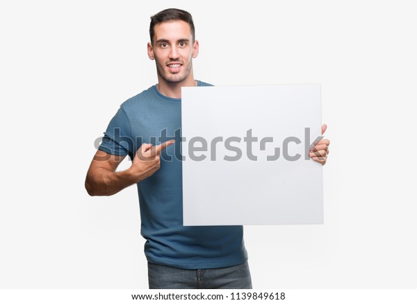 Handsome Young Man Holding Advertising Banner Stock Photo 1139849618 ...