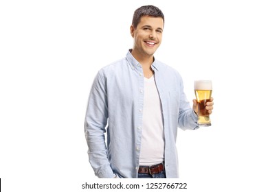 Handsome Young Man Holding A Pint Of Beer Isolated On White Background