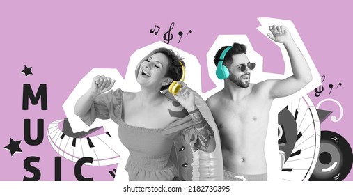 Handsome young man with inflatable ring and tattooed woman listening to music on lilac background - Shutterstock ID 2182730395