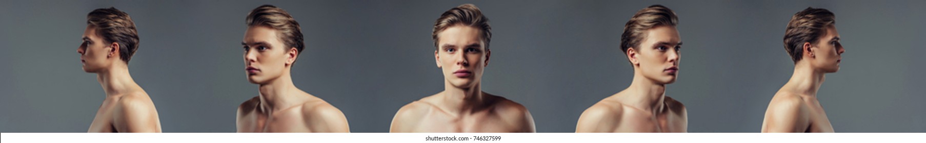 Handsome young man isolated. Shirtless muscular man is standing on grey background. Five angle view of a young handsome man face.