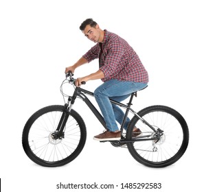 Handsome Young Man With Modern Bicycle On White Background