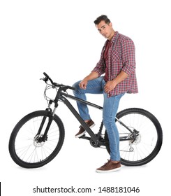 Handsome Young Man With Modern Bicycle On White Background