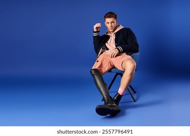 A handsome young man with a prosthetic leg sits on a chair, confidently showcasing his style. - Powered by Shutterstock