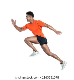 Handsome Young Man Running On White Background