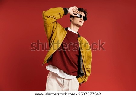 A handsome young man showcases his fashion sense in a striking yellow jacket, standing boldly against a red backdrop.