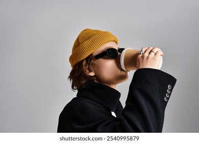 A handsome young man sips coffee while dressed in a fashionable black coat and bright yellow beanie hat. - Powered by Shutterstock