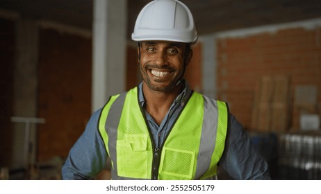 Handsome young man smiling at a construction site wearing a hard hat and safety vest, showcasing a professional and confident look in an industrial setting. - Powered by Shutterstock