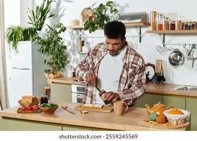 Handsome young man spreads jam on toast while enjoying a bright morning in the kitchen. - Powered by Shutterstock