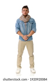 Handsome Young Man Standing With Denim Shirt And Scarf, Full Length Body Shot Isolated On White Background