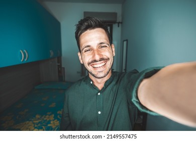 Handsome Young Man Taking Selfie At Home - Happy Guy Smiling At Camera - Influencer On Social Media