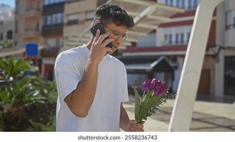 Handsome young man talking on phone while holding a bouquet of purple flowers in an urban outdoor setting. - Powered by Shutterstock