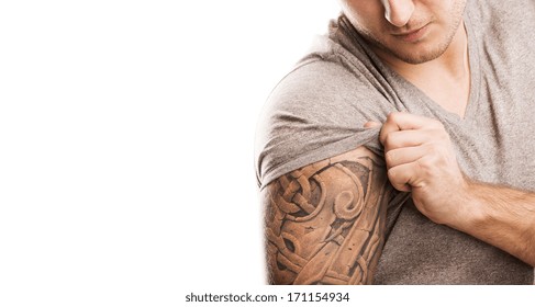 Handsome Young Man With Tattoo, Isolated On White.