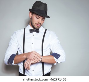 Handsome Young Man Wearing Hat Suspenders Stock Photo (Edit Now) 462991324