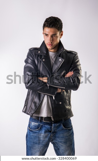 Handsome Young Man Wearing Leather Jacket Stock Photo 328400069 ...